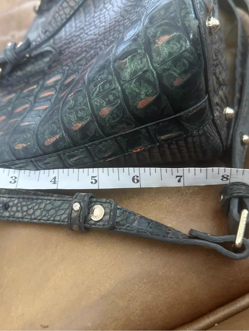 Brahmin Metallic Green Croc Embossed Leather Satchel Crossbody Purse Mini Asher